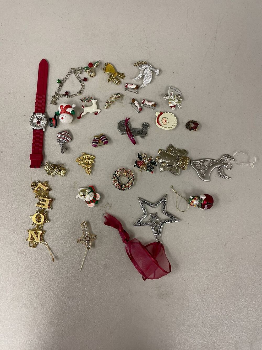 Christmas Jewelry and Ornament Lot Santa Watch Brooches Pins Holiday Collection